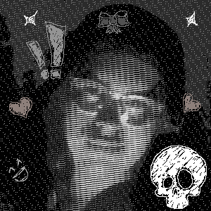 Uma foto minha usando um efeito de pontilhado semelhante aos das HQs, chamado halftone. Sobre a foto, desenhei estrelas, corações, um rostinho alegre, sinais de exclamação e uma caveira.