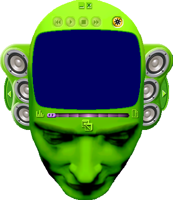 Imagem do antigo player de música do Windows. É uma cabeça verde flutuante com um painel azul em sua testa e caixas de som nas orelhas.