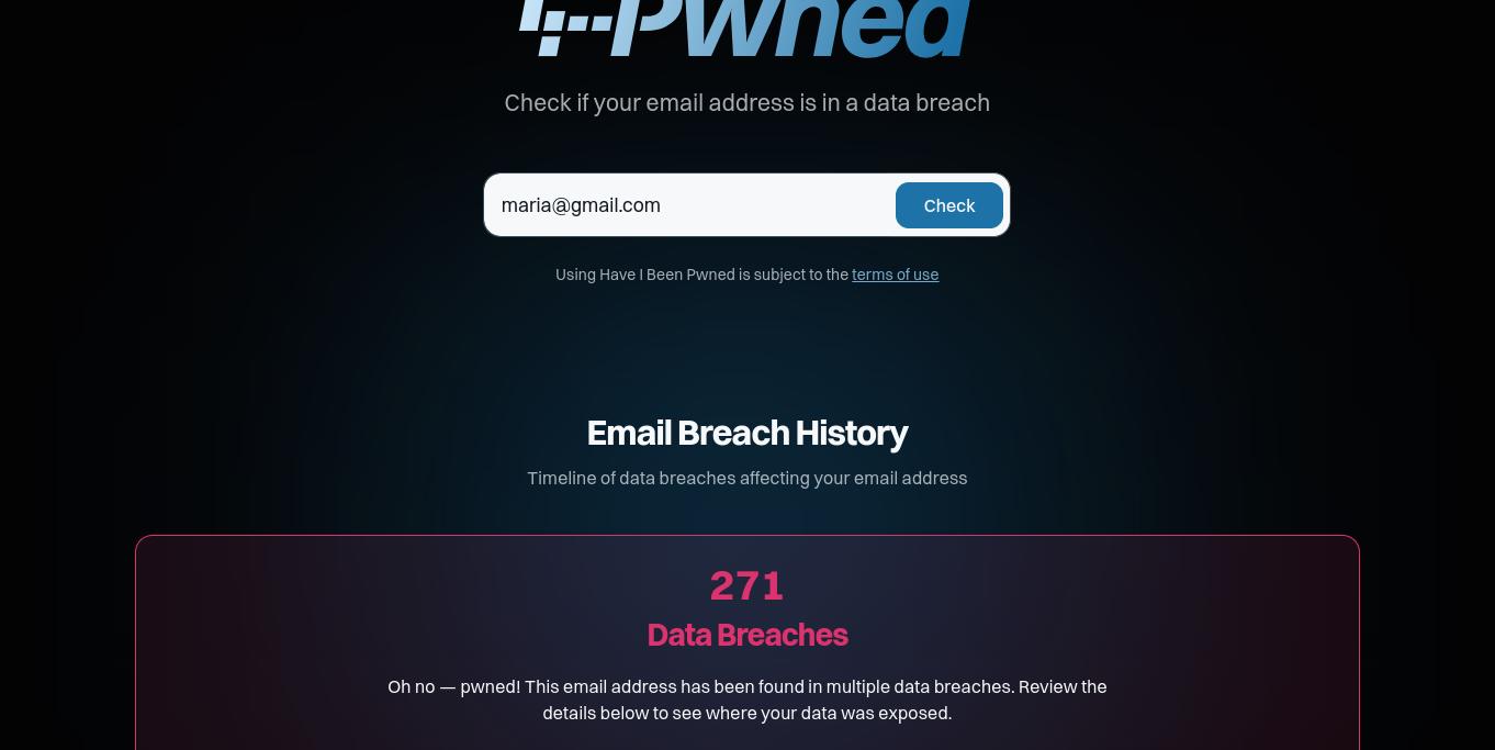 Imagem do site Have I Been Pwned?, onde mostra que o email maria@gmail.com foi vazado em 271 bancos de dados.