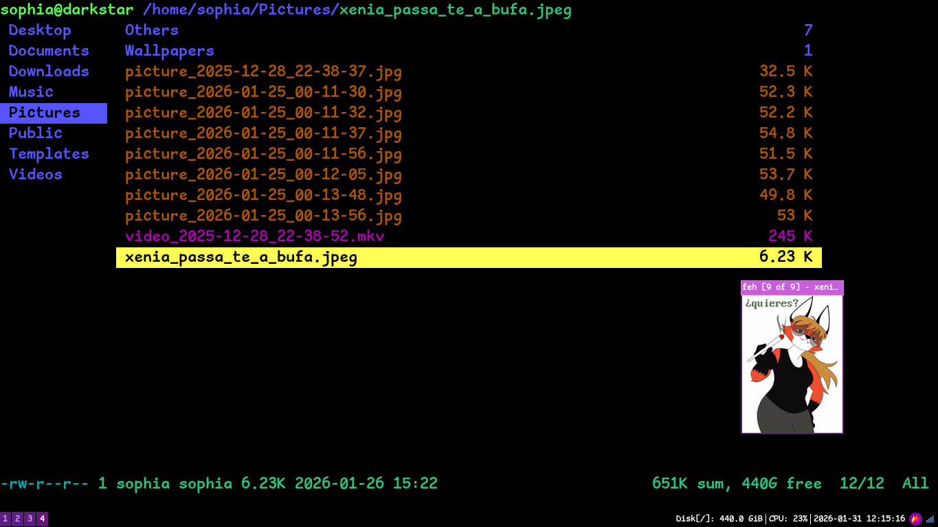 Imagem do programa Ranger. Há uma imagem aberta da Xenia, mascote não oficial do Linux, passando a bufa.