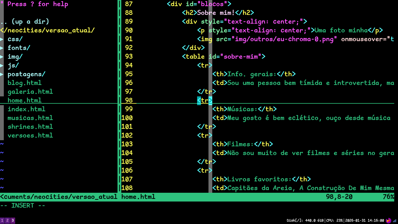 Imagem do editor de texto Vim editando o código HTML deste site!